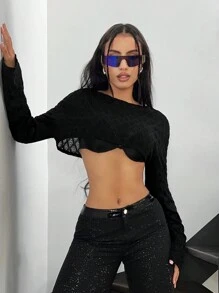 SHEIN ICON Áo thun siêu ngắn cổ tròn họa tiết mát mẻ Thích hợp cho các lễ hội âm nhạc. - màu đen - Xem 1