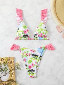 Swim Mod Ladies Gingham Ruffle Trim Tropical Print Bikini Set ,Summer Beach