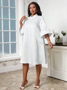 SHEIN Clasi Vestido Camisero De Satén Con Mangas Acampanadas De Talla Grande - Blanco - Ver 5