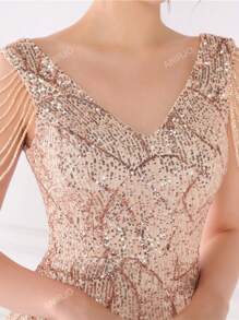 Vestido con cuello en V sin mangas, decorado con lentejuelas y cadena de cuentas, con abertura en el bajo. Vestido de gala formal elegante de mujer para fiestas de cóctel, bodas, graduaciones, cenas y fiestas de regreso a casa