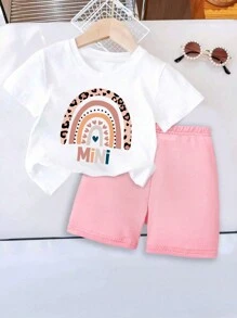 SHEIN Leap Crew Trang phục ngắn tay họa tiết cầu vồng đơn giản cho ngày của mẹ bé gái, thích hợp cho mùa xuân hè - Nhiều màu - Xem 1