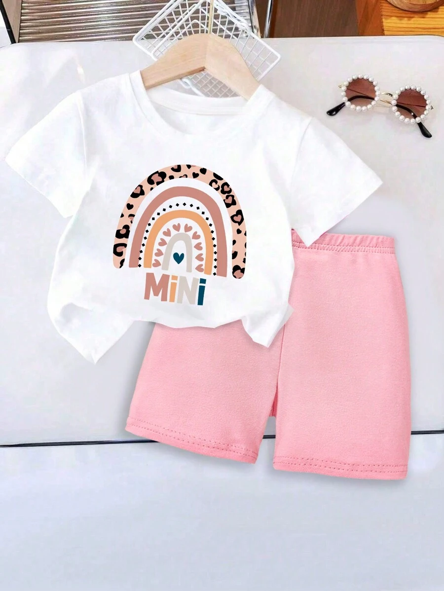 SHEIN Leap Crew Trang phục ngắn tay họa tiết cầu vồng đơn giản cho ngày của mẹ bé gái, thích hợp cho mùa xuân hè - Nhiều màu - Xem 1