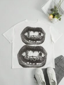 女性休閒朋克圓領短袖唇印紋時尚哥德式街頭服飾 T 恤