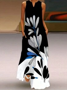 跨境電商新款 复古花卉印花v領無袖長連衣裙女款