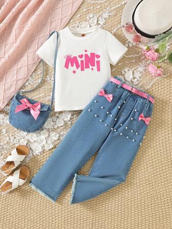 少女字母印花短袖T恤+牛仔褲+包包+皮帶套裝