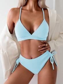 SHEIN Swim Summer Beach Women's Solid Color Strap Simple And Fashionable Bikini Set For Vacation - Baby Blue - View 1