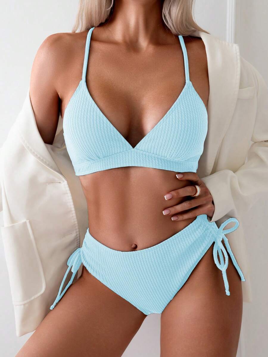 SHEIN Swim Summer Beach Women's Solid Color Strap Simple And Fashionable Bikini Set For Vacation - Baby Blue - View 1