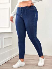 SHEIN Cottnline 彈性腰身修身牛仔褲 - 深色水洗藍 - 查看 1