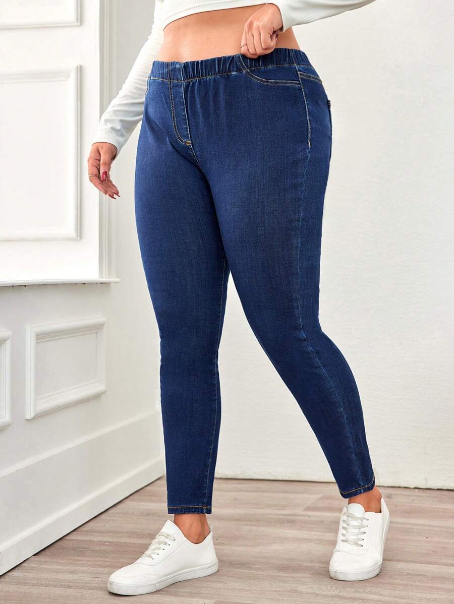 SHEIN Cottnline 彈性腰身修身牛仔褲 - 深色水洗藍 - 查看 1