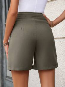 Chiquease Quần short xếp ly lưng cao màu trơn thông thường cho mùa xuân hè - xanh quân đội - Xem 2