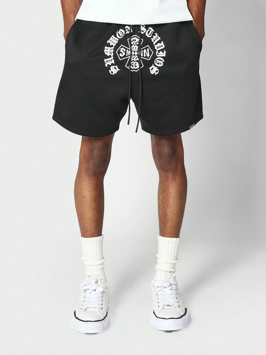SUMWON Drop Crotch Short With Front Graphic - Black - View 1