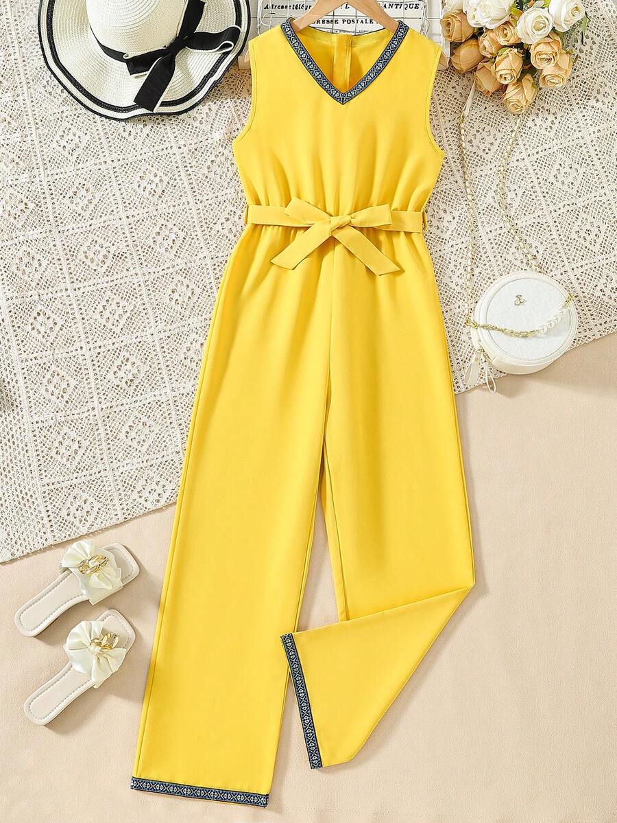 青少女日常無袖明黃色連身褲，搭配腰帶 - 黃色 - 查看 1