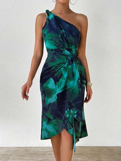 Chiquease Floral Print One Shoulder Fashion Summer Dress With Knot And Wrapped Hem Maxi Women Outfit