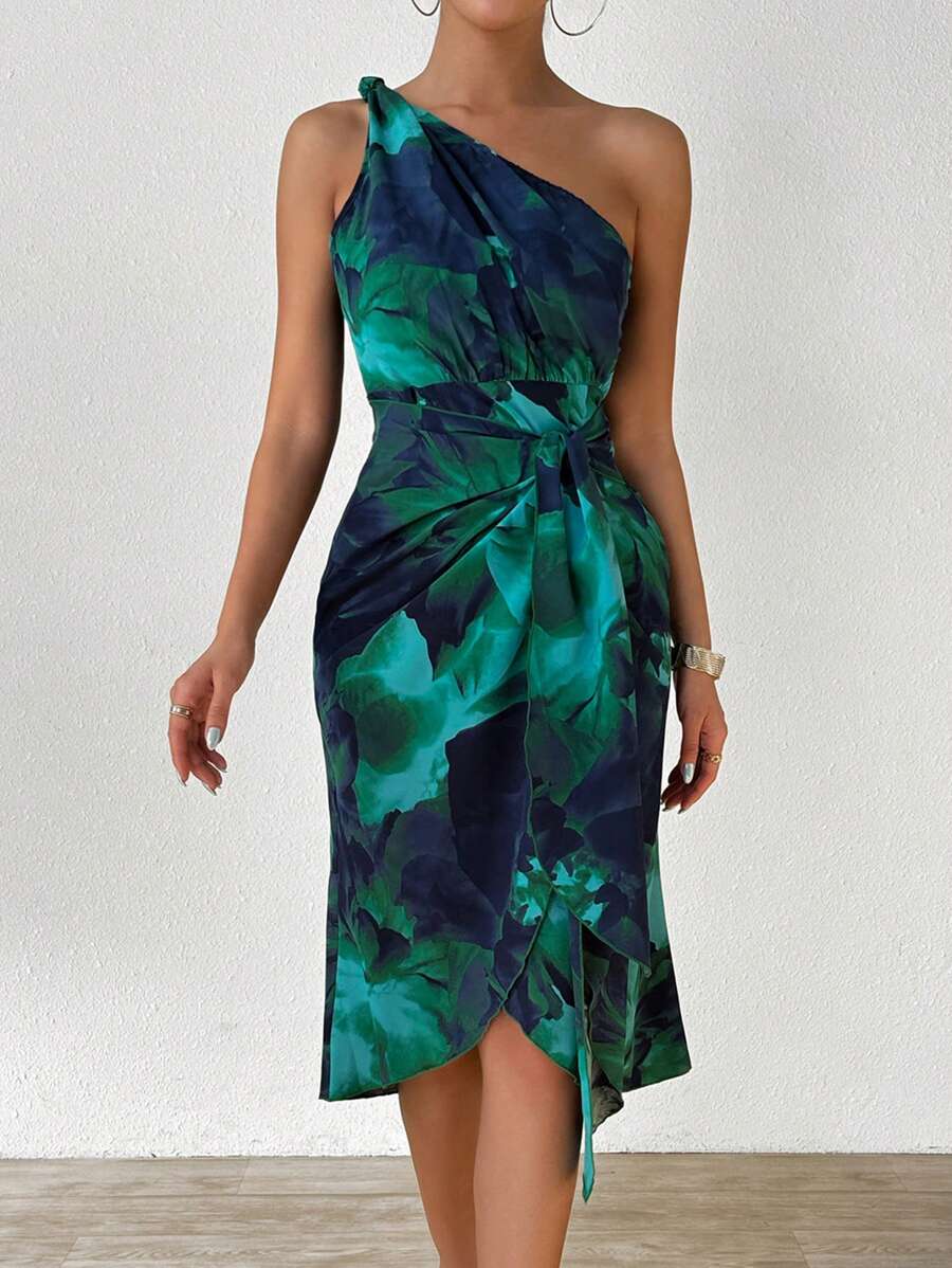 Chiquease Floral Print One Shoulder Fashion Summer Dress With Knot And Wrapped Hem Maxi Women Outfit