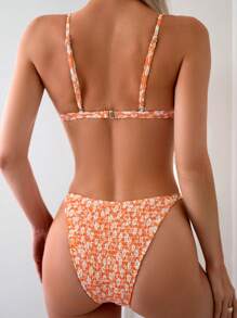 SHEIN Swim Mod Ladies' Shirred Floral Bikini Set Bathing Suit, Summer Beach - Orange - View 3