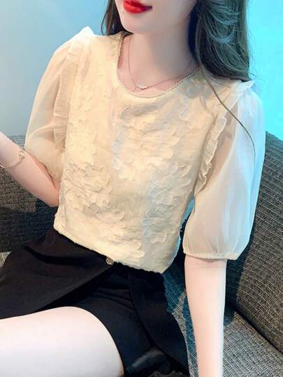 Camicetta estiva casual da donna, colore solido, maniche a bolle con taglio a V