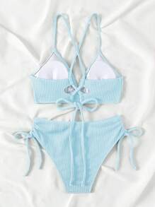 SHEIN Swim Summer Beach Women's Solid Color Strap Simple And Fashionable Bikini Set For Vacation - Baby Blue - View 8