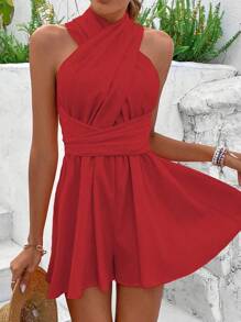 SHEIN LUNE Women Solid Color Halter Backless Jumpsuit With Drawstring Waistband For Vacation And Leisure - Red - View 5