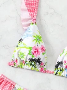 Swim Mod Ladies Gingham Ruffle Trim Tropical Print Bikini Set ,Summer Beach