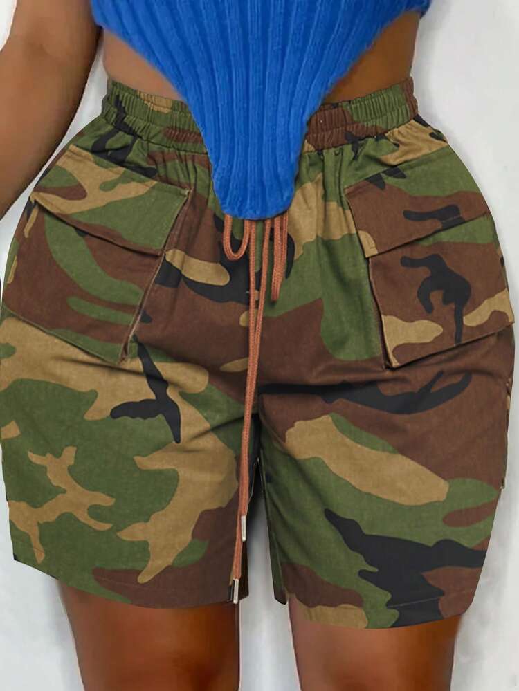 Street Style Camouflage Print Plus Size Shorts With Pockets - Z