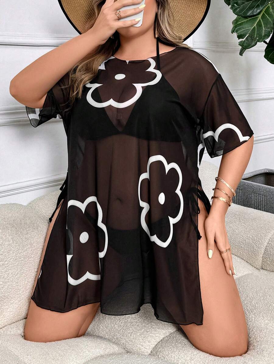 Swim Lushoire Vestido de cubierta de traje de baño de malla transparente con impresión floral y abertura lateral en talla grande - Negro - Ver 1