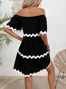 Breezaya Phụ Nữ Mùa Hè Nối Khối Màu Sóng Dây Dệt Trễ Vai Tay Ngắn Đơn Giản Đầm Thời Trang - Đen và trắng - Xem 2