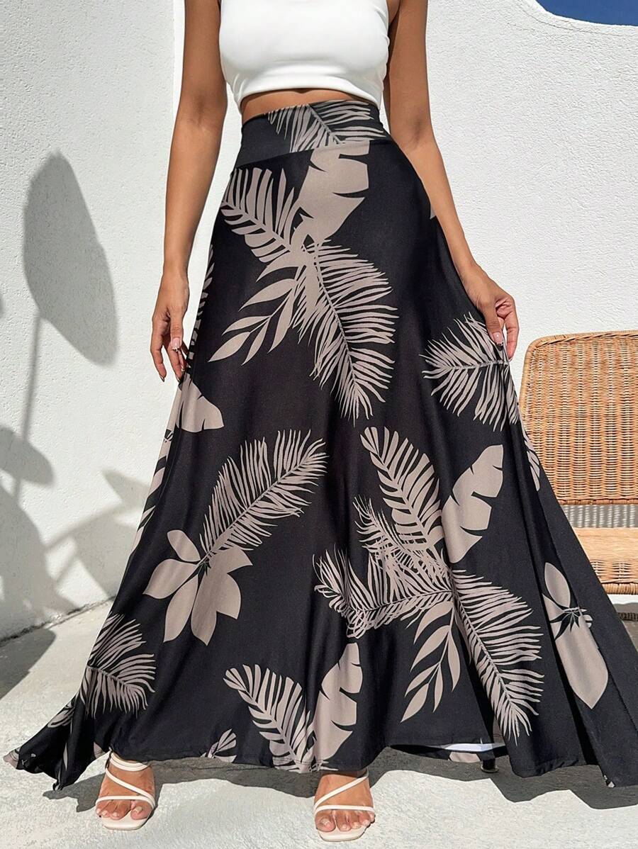 EURMUSE Women Vacation Tropical Printed Casual Skirt - Black - View 1