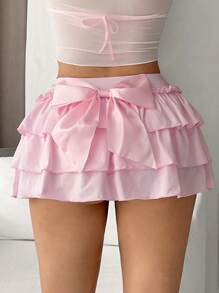 Sweetina Y2k Summer Spring Outfits Cute Low-Waist Ultra-Short Cake-Layered Pink Skirt With Big Bow Tie