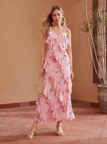 MOTF PREMIUM FLORAL PRINT LAYERED RUFFLE TRIM SLIP DRESS - Multicolor - View 6