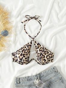 Swim SXY 2025 Leopard Print Hollow Out Halter Neck Swimwear Top (Print Random, With Underwire) Summer - Multicolor - View 2