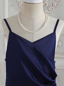 SHEIN 夏季海滩派对少女优雅细肩带开衩连衣裙，适合演出、婚礼、庆典、生日派对 - 藏蓝色 - 查看 4