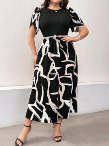 Modelyn 大码女式夏季优雅花卉印花圆领花瓣短袖长裙长款晚礼服