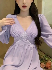 DAZY 女性蕾絲拼接蝴蝶結詳情蝴蝶結裝飾波浪袖優雅夜gown - 淡紫色 - 查看 6