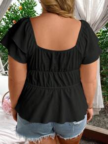 Sunnyshic Plus Size Tie-Front Double-Layer Ruffle Sleeve Shirt Peplum Top - Black - View 2