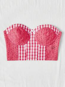 Soleia Women Vacation Style Contrast Plaid Eyelet Embroidered Texture Material Romantic Rural Tube Top - Hot Pink - View 3