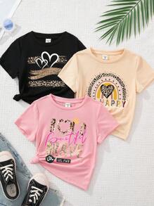 SHEIN Leap Crew 少女3入組簡約休閒卡通圖案T恤，帶有心型和豹紋印花，適用於夏季 - 彩色 - 查看 1