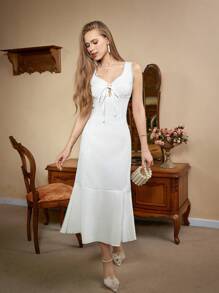 GENKIRA Đầm Bodycon phối dây cúp ngực thời trang và quyến rũ cho nữ, viền cao-thấp và đai thắt lưng cho mùa hè - trắng - Xem 7