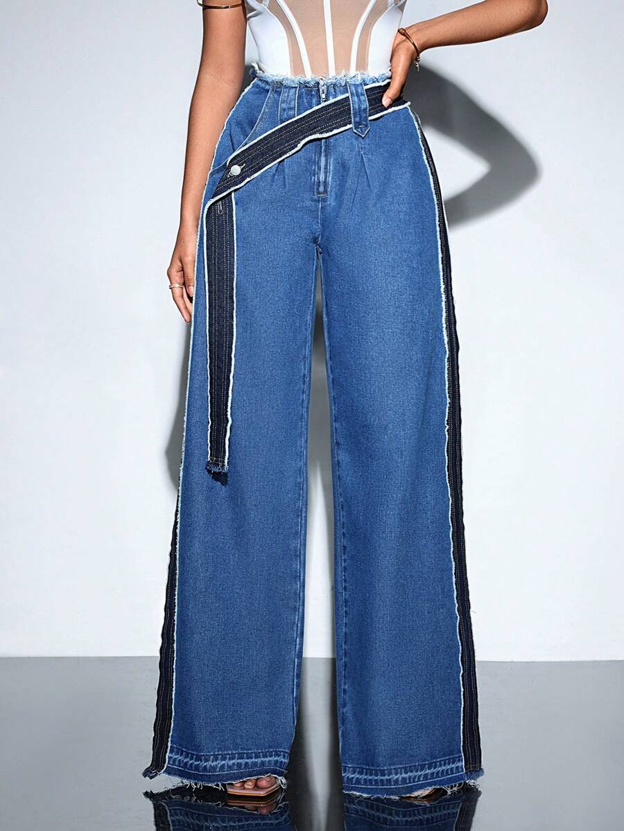 SHEIN BAE 帶流蘇、口袋和拉鍊的牛仔褲 - 深色水洗藍 - 查看 1