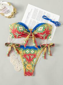 SHEIN Swim Conjunto de Bikini de Verano Estilo Vacacional con Estampado Integral sin Tirantes y sin Espalda