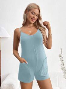 SHEIN Maternity Adjustable Strap Romper, Slouchy Casual Summer Style - Blue - View 5