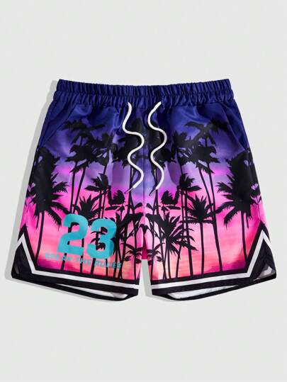 Street Life Pantalones cortos de baloncesto con cordón en la cintura y estampado de palmeras y letras para hombre