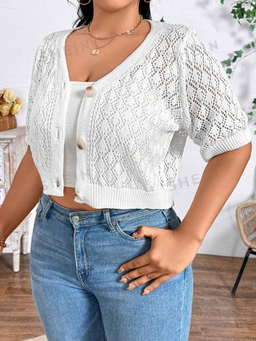 Calvaya Chaqueta casual de talla grande para mujer con manga corta de unicolor de verano con cuello en V y diseño calado en la parte delantera