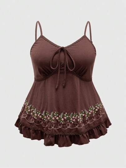 Fairycore Plus Size Vacation Leisure Floral Embroidery Ruffle Trim Swing Cami Top, For Summer