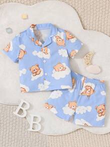 SHEIN Lässiges Homewear-set Für Babys (jungen) Mit Kurzärmligem, Offenem Hemd Und Shorts, Mit Bären- Und Wolken-Muster - Blau - Übersicht 8