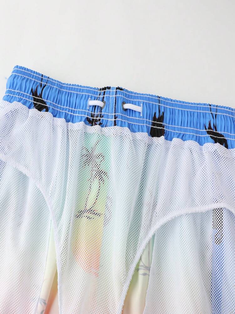 Men Drawstring Coconut Tree Printed Casual Beach Shorts