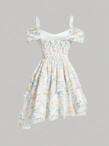 SHEIN MOD Romantic V-Neck Leaf & Flower Print Summer Holiday Dress With Open Shoulder, Multi-Layered And Asymmetrical Hem