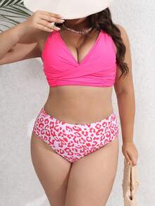 SHEIN Swim Curve 夏季沙灘大尺碼女性假期單色十字交叉文胸和豹紋印花游泳下著比基尼套裝 - 粉色 - 查看 4