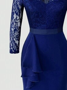 SHEIN Belle Vestido de noche verde de encaje y transparencias, vestido maxi para mujer