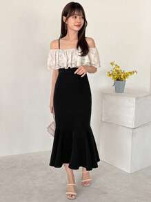 FRIFUL 优雅女士春夏露肩撞色蕾丝拼接修身鱼尾连衣裙露肩上衣 - 黑與白 - 查看 2