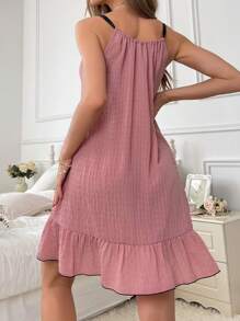 Vestido de dormir con cordón, tirantes de espagueti, dobladillo con volantes y borde de color block para mujer. Vestido casual de verano con volantes en el bajo para mujer.